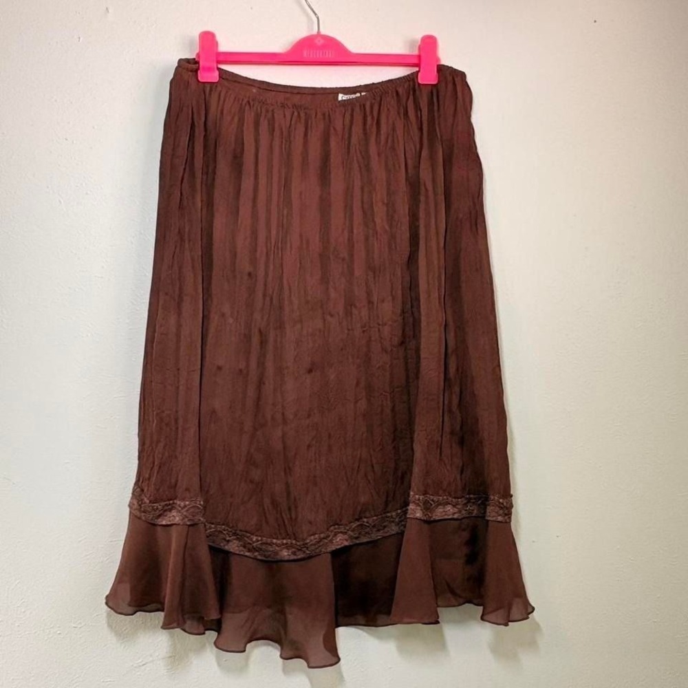 VTG Y2K Cato Chocolate Brown Maxi Skirt Pleated Lace Trim Chiffon Stretch 20W